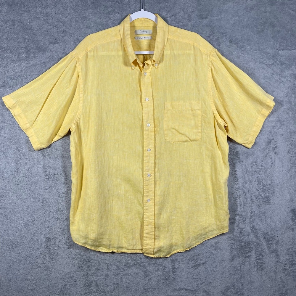 Vintage Turnbury‎ Linen Button Down Shirt Mens XL Yellow Short Sleeve Hong Kong
